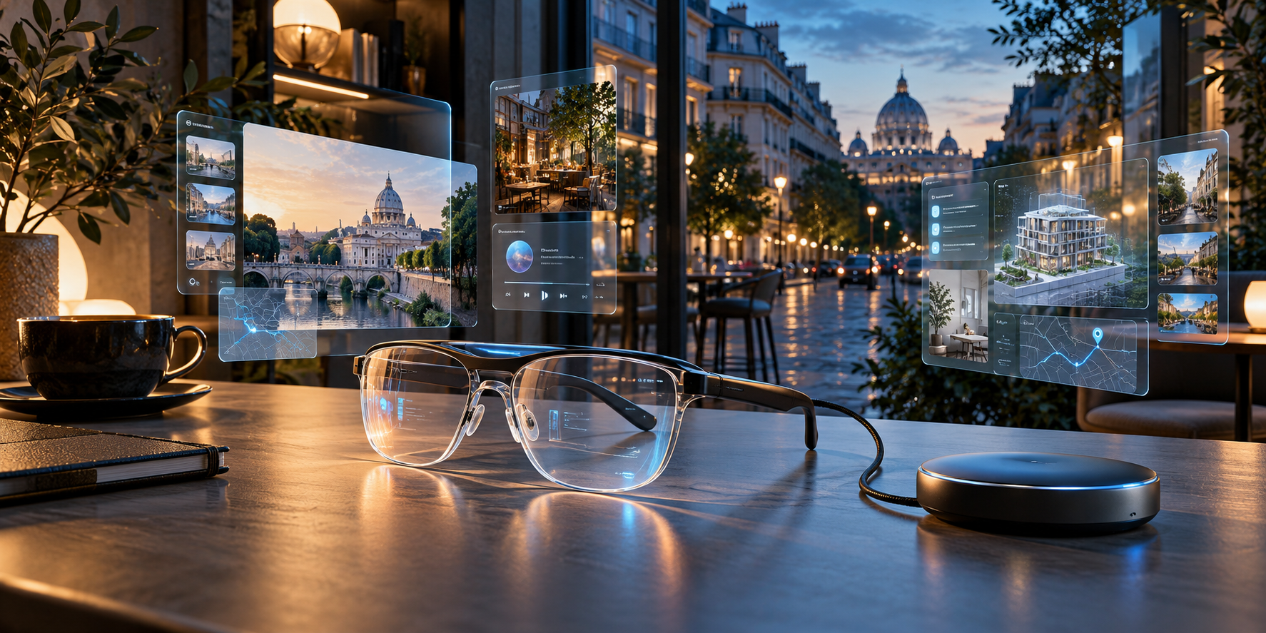 AI-generated editorial illustration of generic wired XR glasses and spatial interfaces; not the actual product